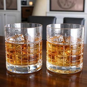 May include: Two crystal whiskey glasses filled with amber liquid and ice cubes sit on a dark wooden surface. The glasses have a grid-like pattern on the sides and a thick base. The background is blurred, suggesting a dining or living room setting.