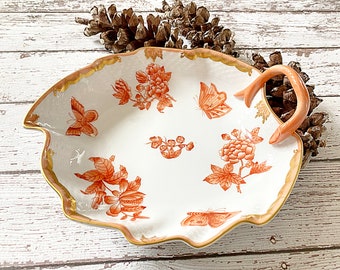 Antique Herend porcelain serving dish 204. Rust leaf shaped nappy / bonbon/ candy bowl, decorative heirloom Hungarian china luxury giftware