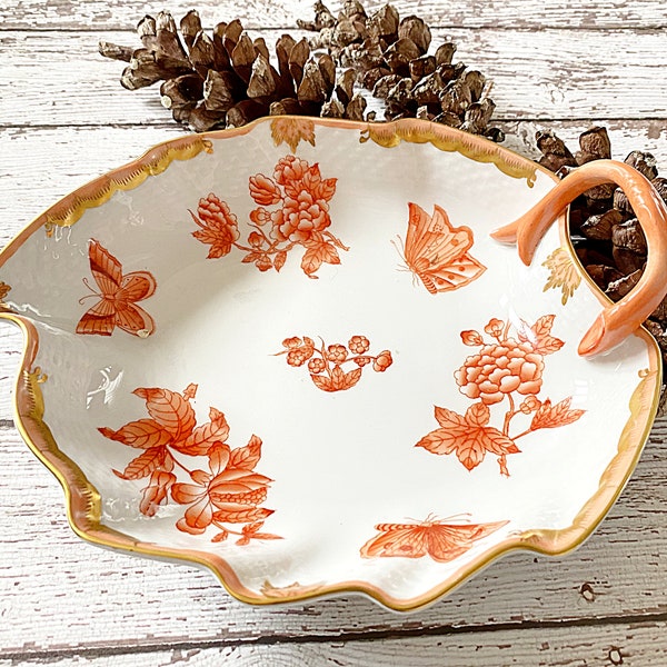 Antique Herend porcelain serving dish 204. Rust leaf shaped nappy / bonbon/ candy bowl, decorative heirloom Hungarian china luxury giftware