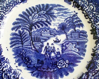 Antique Flow blue transferware plate, English Staffordshire, Eton College Romantic pattern with people. Cottage chic wall decor collectible