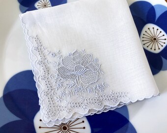 Vintage wedding hanky. White embroidered bridal handkerchief, Something old and blue, traditional keepsake for the bride to be.