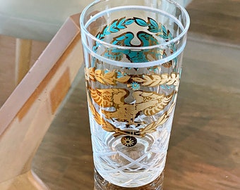 4 MCM vintage drinking glasses by Fred Press. Patriotic glassware with Federal Eagles in gold and turquoise on cut glass cocktail tumblers.