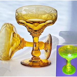 Vintage Uranium Glass Cocktail Glasses, Amber Vaseline Stemware by John Walsh, 1930s Collectible Barware