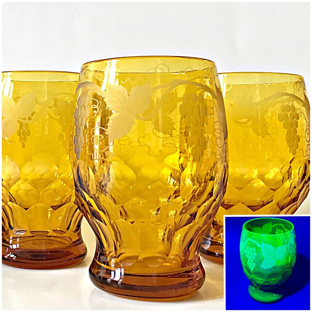 4 Vintage Uranium Glass Drinking Glasses. Large 20oz, Etched Amber ...