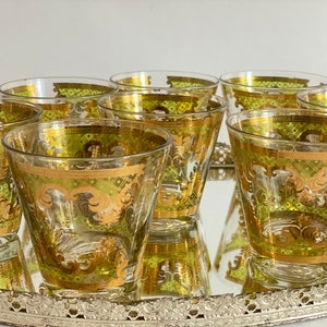 Vintage MCM glassware by Georges Briard. 4 Green & gold Carrara cocktail glasses for double old fashioneds or whiskey on the rocks. image 5