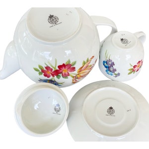 32 oz English china teapot set with cup and saucer. Royal Worcester fine porcelain colorful floral design. Mom's breakfast set image 5