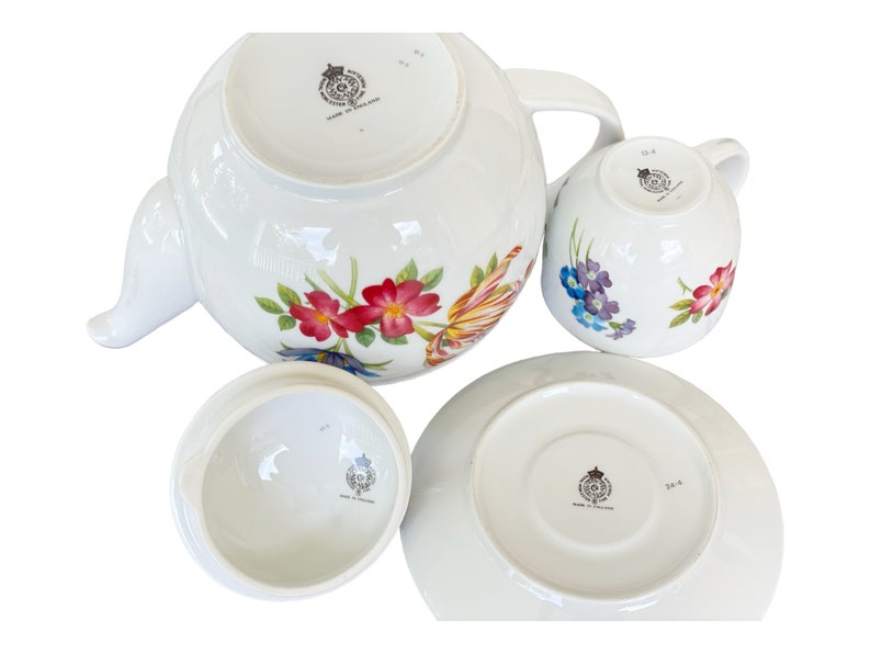 32 oz English china teapot set with cup and saucer. Royal Worcester fine porcelain colorful floral design. Mom's breakfast set image 5