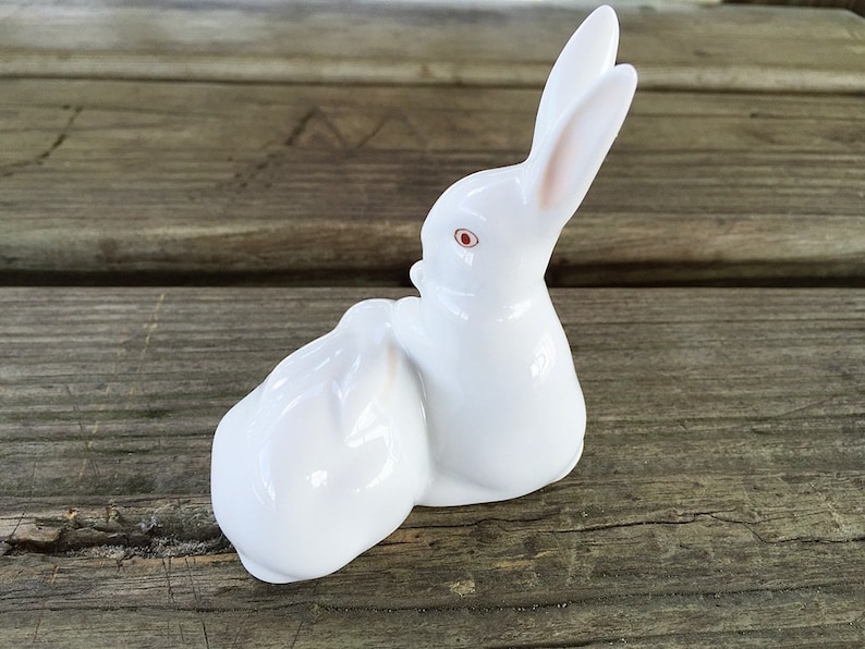 Herend Rabbit Figurines Porcelain Bunnies With Corn Red Eyed Etsy