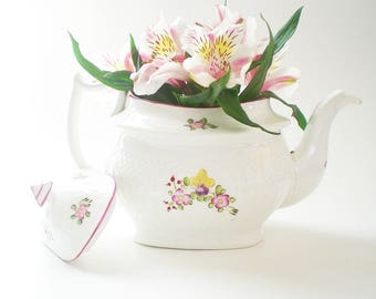 Decorative antique English teapot. Pink floral china cabinet shelf decor. For DISPLAY only, Country cottage chic New Hall porcelain tea pot