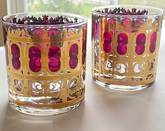 2 Vintage Culver glasses in Cranberry Scroll pattern. Glam gold lowball bar tumblers for icy cocktails & whiskey on the rocks. MCM barware.