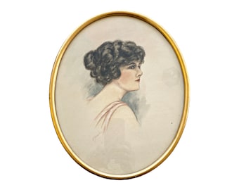 Vintage Gibson Girl watercolor painting. A woman's portrait in gold oval frame. Original OOAK signed art