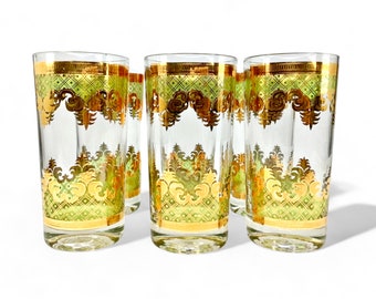 Georges Briard glassware. 6 Highball cocktail glasses in green & gold Carrara. Fancy bar tumblers in moroccan pattern for boho home decor.
