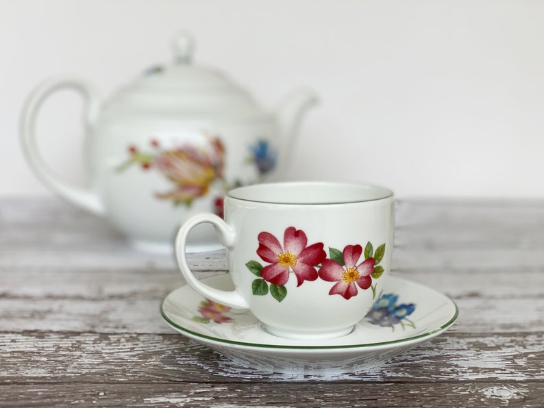 32 oz English china teapot set with cup and saucer. Royal Worcester fine porcelain colorful floral design. Mom's breakfast set image 8