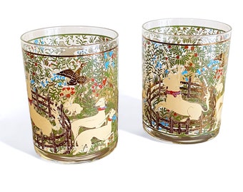 2 Cera unicorn glasses. 14 oz Bar tumblers  for double old fashioneds and cocktails on the rocks. Vintage collectible glass barware. MINT