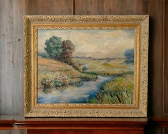 20 x 24" Framed landscape oil painting of stream and countryside. Original vintage artwork ready to hang