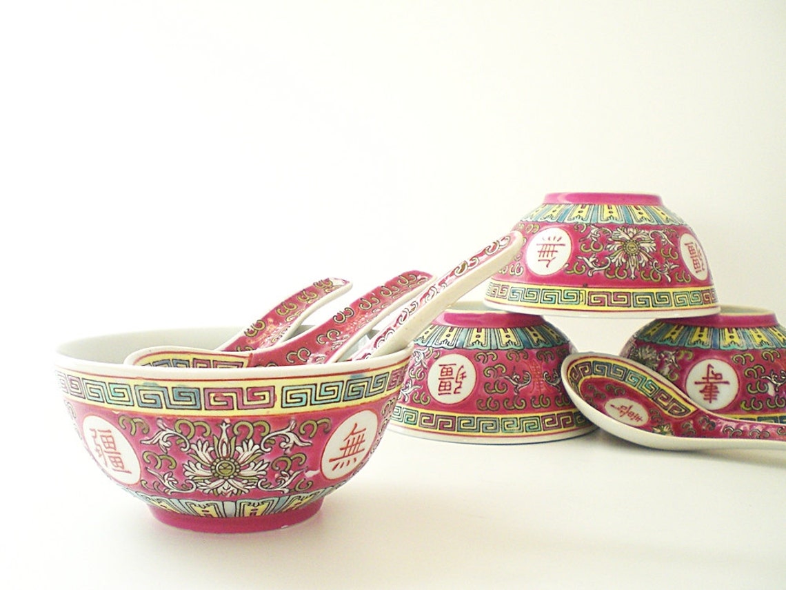 Vintage Chinese Rice Bowls Red Oriental Soup Bowl Etsy