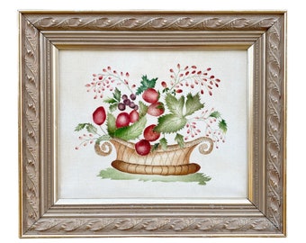 Framed oil on velvet theorem painting. Hand painted still life repro basket of fruit leaves and berries. Primitive stencil art