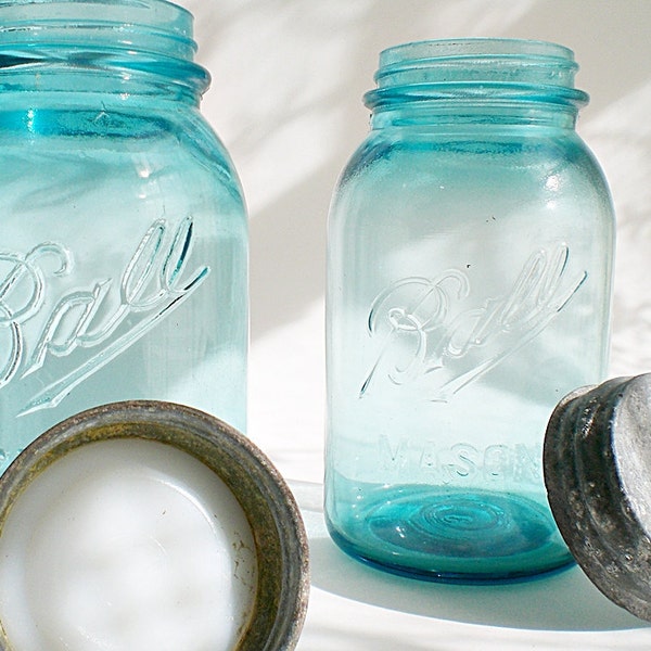 Vintage Canning Jar  Ball Perfect  Mason in Turquoise Blue Set of 2