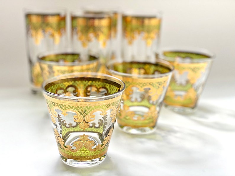 Vintage MCM glassware by Georges Briard. 4 Green & gold Carrara cocktail glasses for double old fashioneds or whiskey on the rocks. image 7