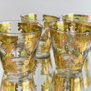 Vintage MCM glassware by Georges Briard. 4 Green & gold Carrara cocktail glasses for double old fashioneds or whiskey on the rocks. image 4