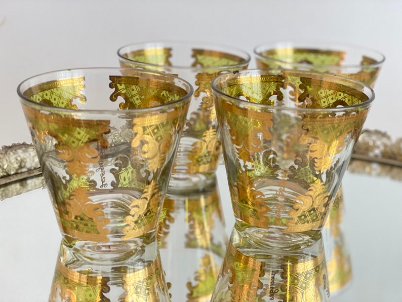 Vintage MCM glassware by Georges Briard. 4 Green & gold Carrara cocktail glasses for double old fashioneds or whiskey on the rocks. image 4