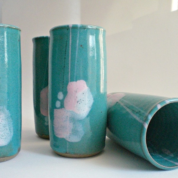 4  Pottery Tea or Coffee Mugs, Turquoise & Pink