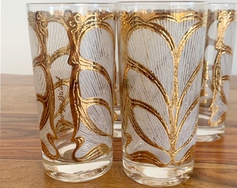 Vintage Briard glassware set of 4 highball cocktail glasses in Lotus Gold Ice. Glam textured design, Mid century barware gift for collector
