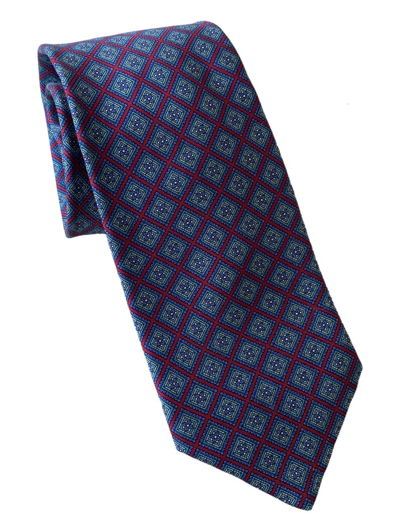 Vtg blue and red medallion silk tie. 3 Classic geometric foulard necktie by Graham Lockwood of London England image 2