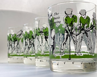 Vintage golf themed rocks glasses by Cera Glassware. Ben Hogan "The Basic Swing" cocktail tumblers. Vintage collectible sports barware