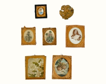 5 Vintage miniature gold metal framed cut postcard pictures, ambrotype, & gold putti ornament. Recycled craft art supplies