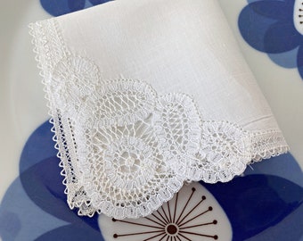 Vintage white lace hankie, a brides wedding handkerchief in linen with battenburg lace trim. Something old tradition for bridal shower gift