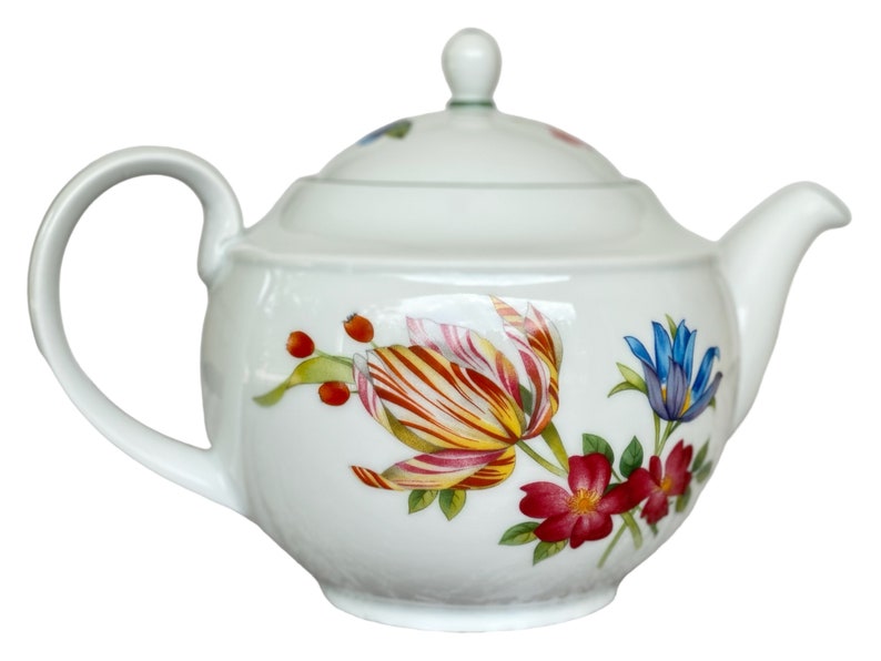 32 oz English china teapot set with cup and saucer. Royal Worcester fine porcelain colorful floral design. Mom's breakfast set image 3