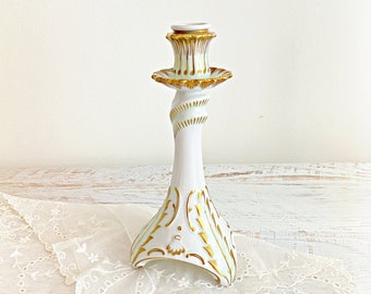 Vintage porcelain candlestick holder by Hollohaza Hungary. Fine china single candle holder for shabby cottage chic table top decor.