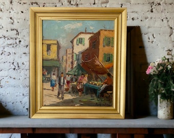 13 X 15" Vintage oil painting on canvas. European street scene with people. Impressionist OOAK original fine art in gold leaf frame.