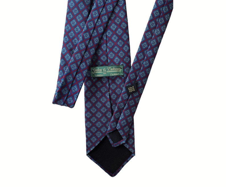 Vtg blue and red medallion silk tie. 3 Classic geometric foulard necktie by Graham Lockwood of London England image 4