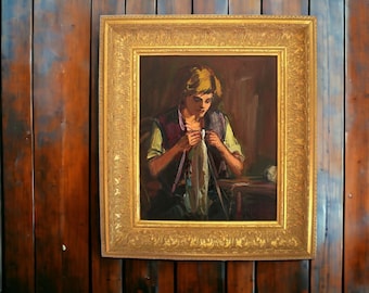 17 X 20" Original oil painting, a framed portrait of a girl knitting. Impressionistic art signed by Gyula Metyko. 1980s OOAK post modern