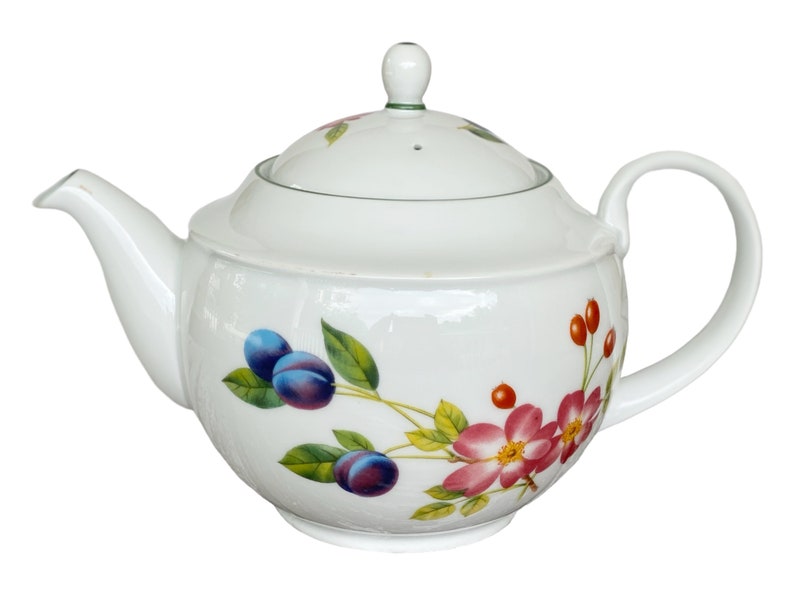 32 oz English china teapot set with cup and saucer. Royal Worcester fine porcelain colorful floral design. Mom's breakfast set image 4