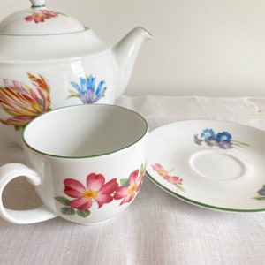 32 oz English china teapot set with cup and saucer. Royal Worcester fine porcelain colorful floral design. Mom's breakfast set image 2