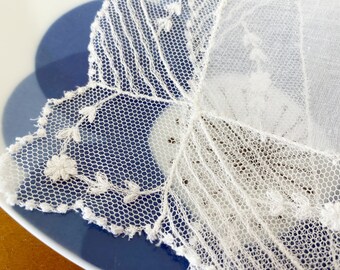 Tambour lace wedding handkerchief. Bridal keepsake hankie with embroidered white net lace.  Something old for the bride.