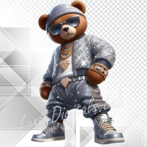 May include: A brown teddy bear wearing a silver quilted jacket, matching pants, and high-top sneakers. The bear is accessorized with a gray beanie, sunglasses, and gold jewelry, including a diamond pendant and belt buckle.