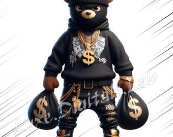 Teddy Thief PNG, Gangsta Bear with Money Bags, Teddy Bear Clipart, Streetwear Thug Bear Art, Urban Hip Hop Teddy Digital Download, 300 DPI
