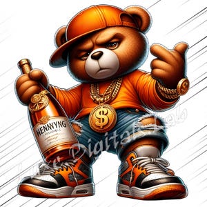 Hip Hop Graffiti Bear Cartoon - Digital Download, Rich Teddy Bear Png, Teddy Bear with Whisky Png, Urban Teddy Bear Png, Sublimation Design