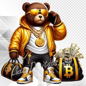 May include: A brown bear wearing gold sunglasses, a gold jacket, and gold jewelry, holding a phone. The bear is standing next to a black and gold bag with a Bitcoin symbol and a bag of money. The bear is wearing black shorts and yellow, black, and white sneakers.