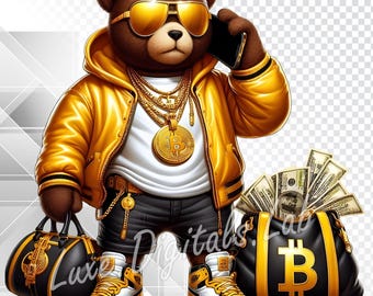 Gangster Teddy Bear PNG, Streetwear Teddy Bear PNG, Hip Hop Bear with Bitcoin Chain & Money Bag – Urban Digital Art, Transparent Background