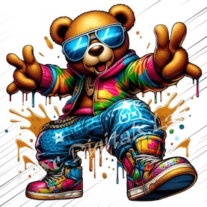 Graffiti Cartoon Teddy Bear Png, Urban Hip Hop Teddy Bear Png, Hip Hop Teddy Bear, Streetwear Bear Shirt,  Transparent Background, 300 DPI