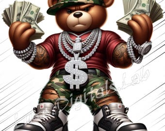 Orsacchiotto gangster PNG, Clipart di orsacchiotto hip hop, Download digitale di orsacchiotto streetwear urbano, Design a sublimazione, Sfondo trasparente