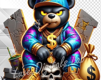 Gangsta Teddy Bear PNG, Hip Hop Bear Clipart,Urban Teddy Bear PNG, Urban Streetwear Digital Download, Transparent Background, 300 DPI
