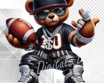 Orsacchiotto di peluche del football americano di Chicago in formato PNG, orsacchiotto di peluche hip hop in formato PNG, clipart di orsacchiotto del football gangster, download digitale di abbigliamento urbano da strada, 300 DPI