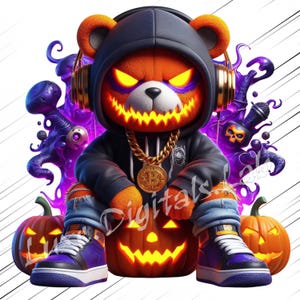 Op de afbeelding: Een Halloween-illustratie van een oranje teddybeer met een zwarte hoodie, gouden koptelefoon en een gouden ketting met een Bitcoin-hanger. De beer zit op een uitgesneden pompoen, met nog twee pompoenen aan weerszijden. De beer heeft felgele ogen en een pompoenmond.