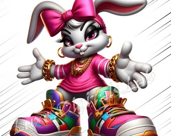 Conejita de hip hop PNG, Conejita urbana PNG, Coneja linda con atuendo rosa, cadenas doradas y zapatillas grandes – Clipart de conejita diva urbana
